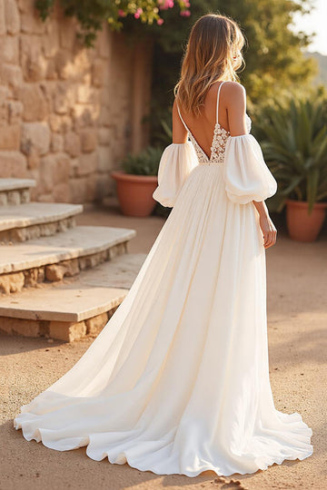 Sweep Train Chiffon A Line V-Neck Ivory Wedding Dress with Lace